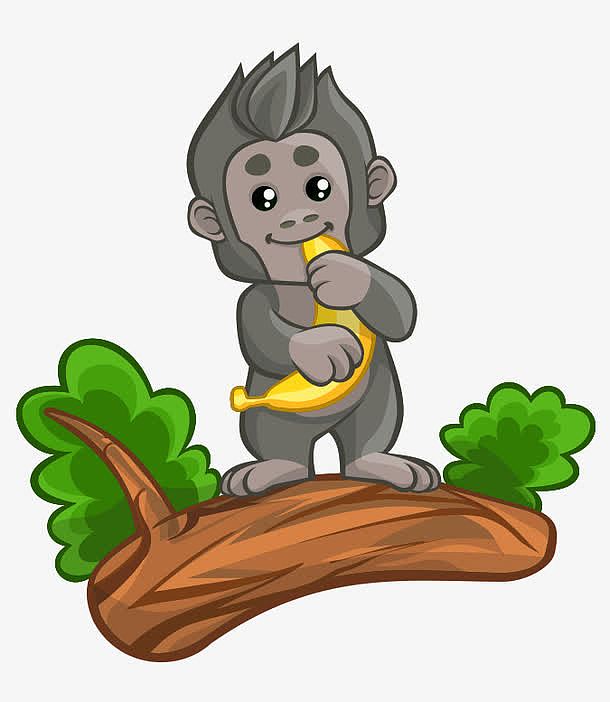 卡通手绘可爱猴子站树头上吃香蕉