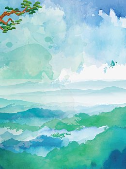 水彩蓝天云海群山背景