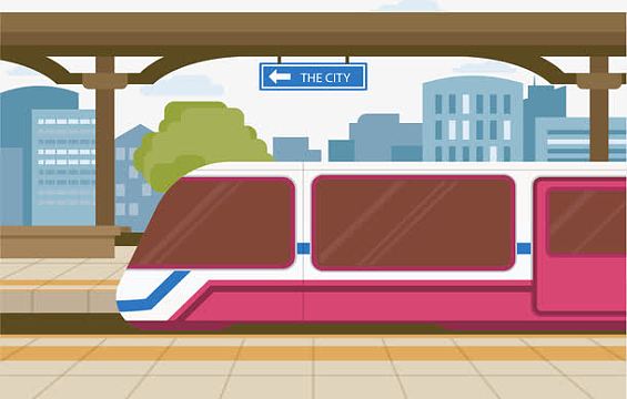 高铁候车站台png卡通插图两人火车站站台临别合照png室外站台楼梯间