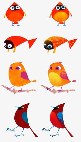 卡通小鸟和鱼