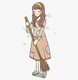 穿补丁衣服扫地的女孩