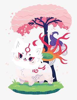 矢量樱花树下的犬神
