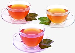 透明的玻璃茶杯和绿色茶树叶