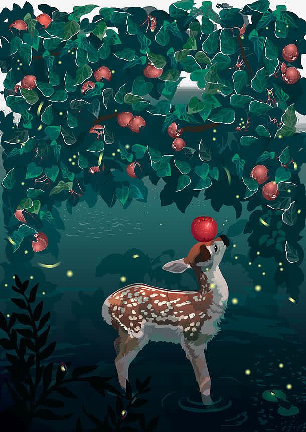 手绘苹果树梅花鹿背景图案