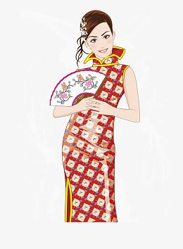 花扇格子旗袍美女矢量素材