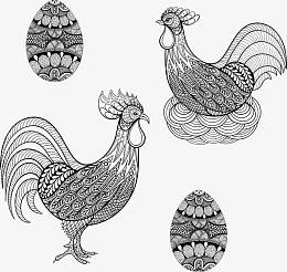 手绘花纹公鸡母鸡和鸡蛋