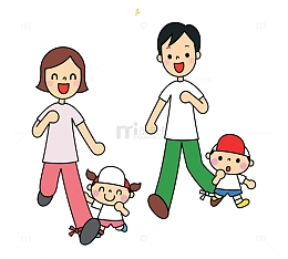 卡通手绘跑步的一家人
