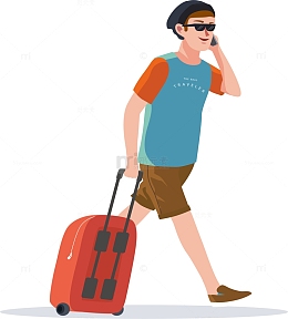 打电话拉着行李的人