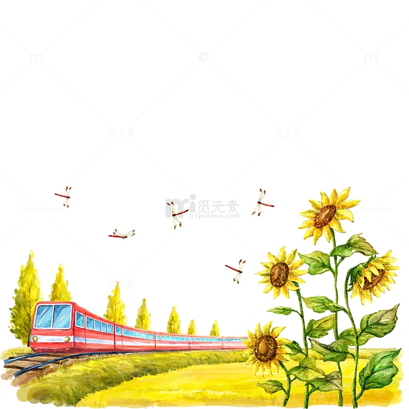 手绘火车秋天树木和草地