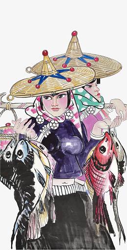 两个挑扁担的惠安妇女国画图