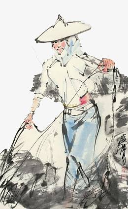 拉着渔网的惠安妇女国画