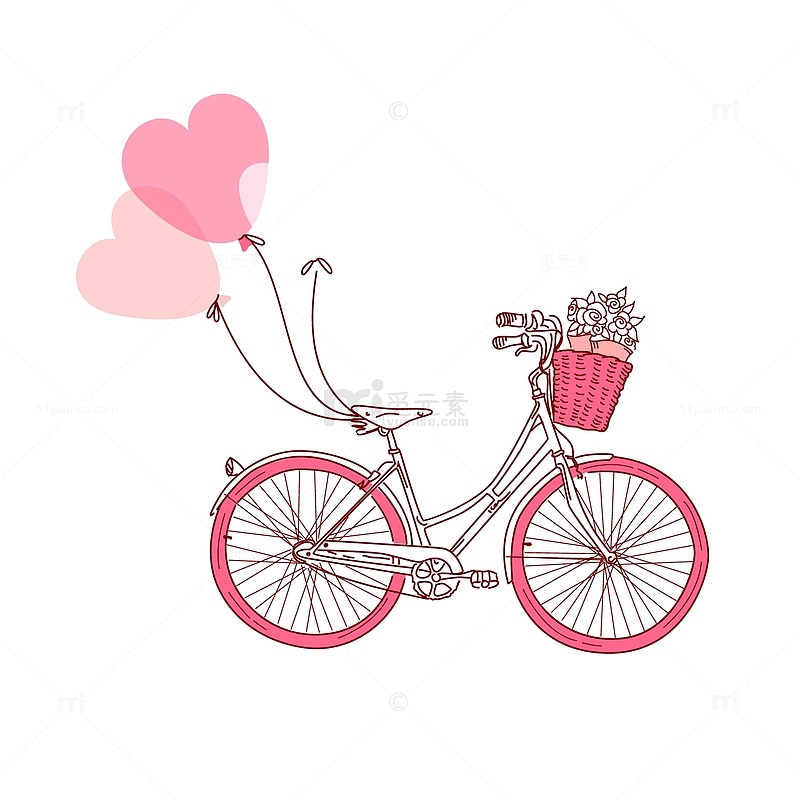 手绘载花挂气球的粉红自行车插画