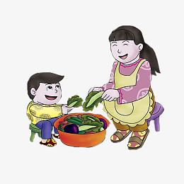 摘菜的母子