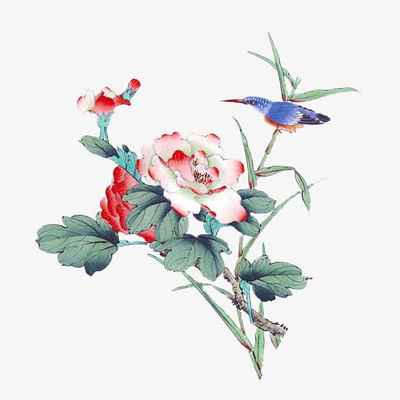 水墨画鸟与鲜花