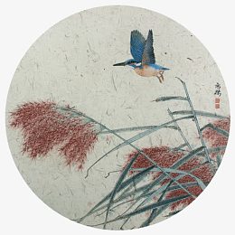 红色芦苇和展翅小鸟