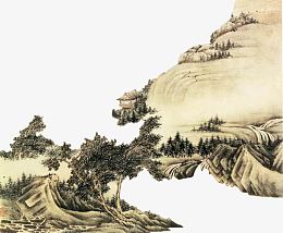 绢本绘画山水间的小亭