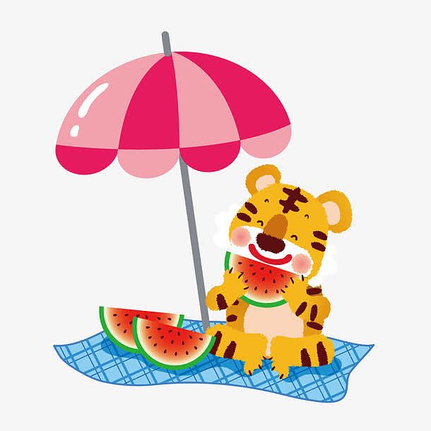 太阳伞下吃西瓜的老虎