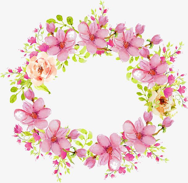 粉色水彩手绘花花环花藤边框