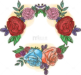 手绘红色玫瑰蔷薇花藤花环标签