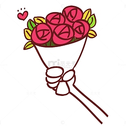 手拿一朵玫瑰花手势卡通手绘