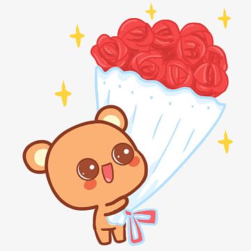 小熊手捧一束玫瑰花