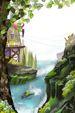唯美小木屋溪流素材背景