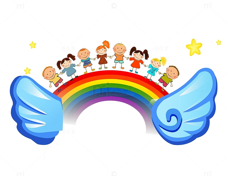 卡通长着翅膀彩虹上的儿童