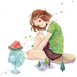 吹风扇吃西瓜惬意生活插画