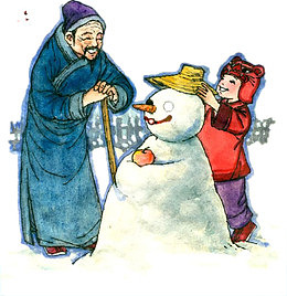 卡通堆雪人的爷孙