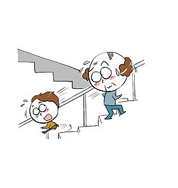 流着汗珠上下楼梯的老人和小孩儿