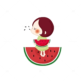 卡通可爱吃西瓜的小女孩