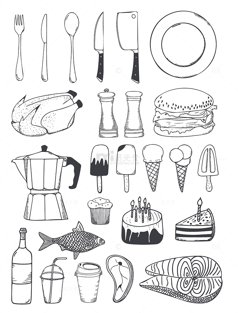 厨房餐具线稿图