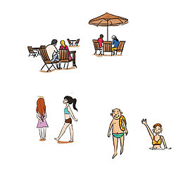 手绘沙滩美女小孩