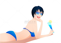 卡通手绘海滩风情穿泳装的美女