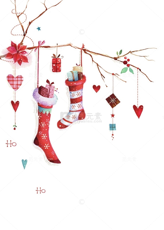 卡通圣诞爱心礼物袜子树枝
