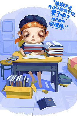 熬夜写作业的孩子插画