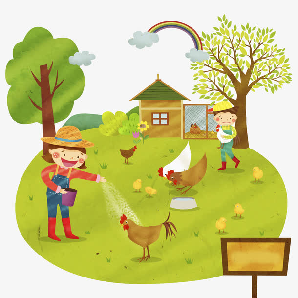 卡通人物喂鸡插画
