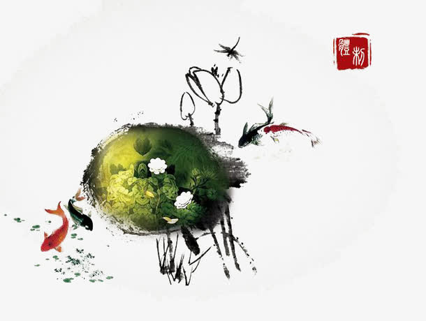 水墨画绿色池塘免抠素材免费下载_觅元素51yuansu.com
