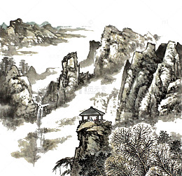 中国风格水墨画山上小亭