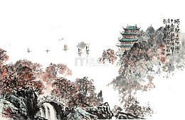 山水间的亭台楼阁意境国画