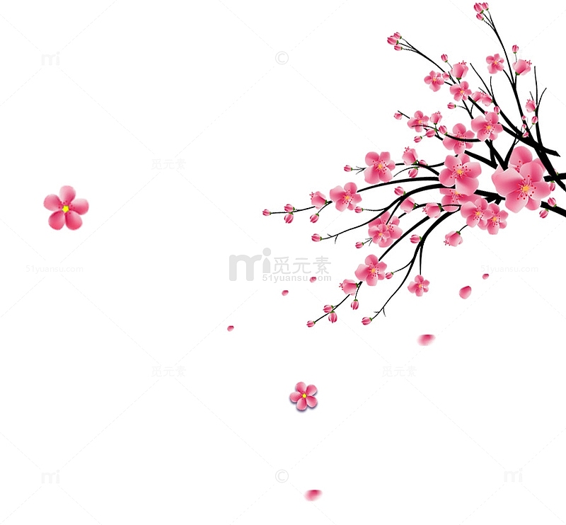 粉红色手绘桃花枝花瓣装饰图案