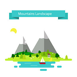 矢量扁平夏季绿色树林山丘风景