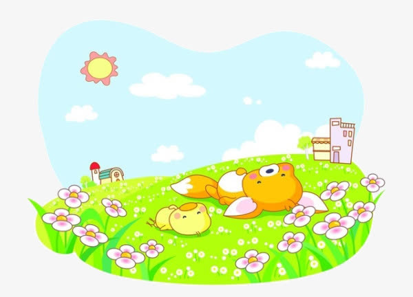 卡通草地上的小鸡