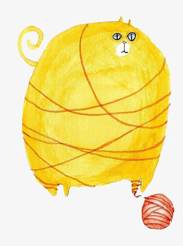 卡通手绘玩毛球的胖猫
