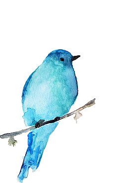 手绘浅蓝色站在枝头的小鸟