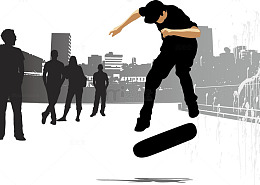 滑板人物城市剪影等矢量元素