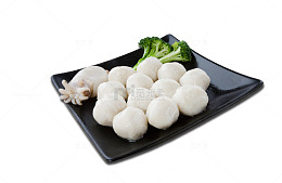 产品实物鱼丸肉丸西蓝花盘子