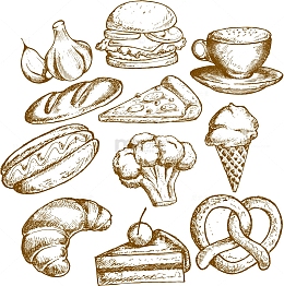 矢量手绘面包甜品美食