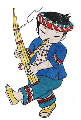 彩色吹芦笙的小男孩