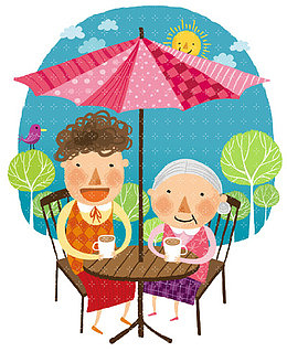 手绘爷爷奶奶和茶